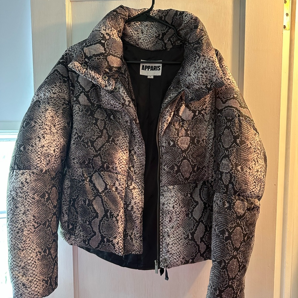 Apparis Women's Black and Gray Snake Print Puffer Jacket